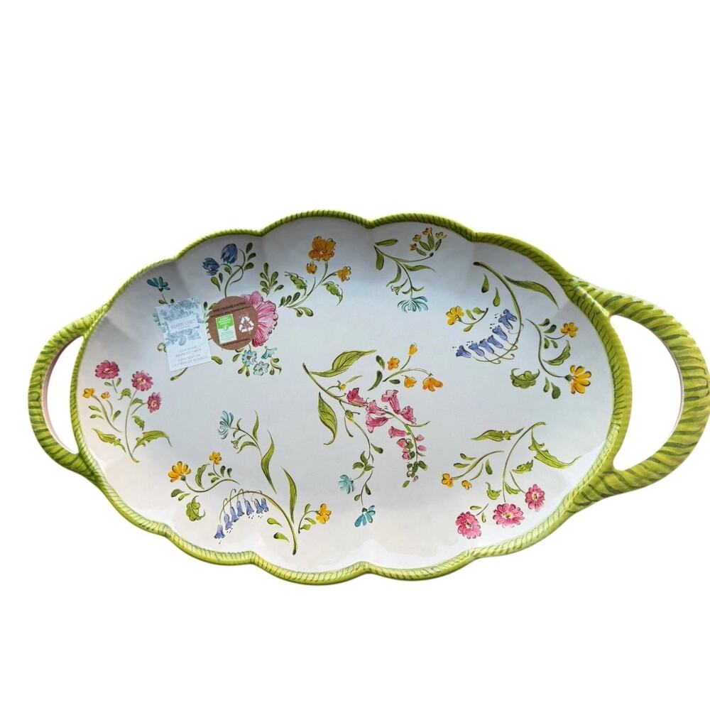 NEW Shabby Chic Melamine Bamboo Fiber Blend Serve Tray Floral 12.5”in x 23”in